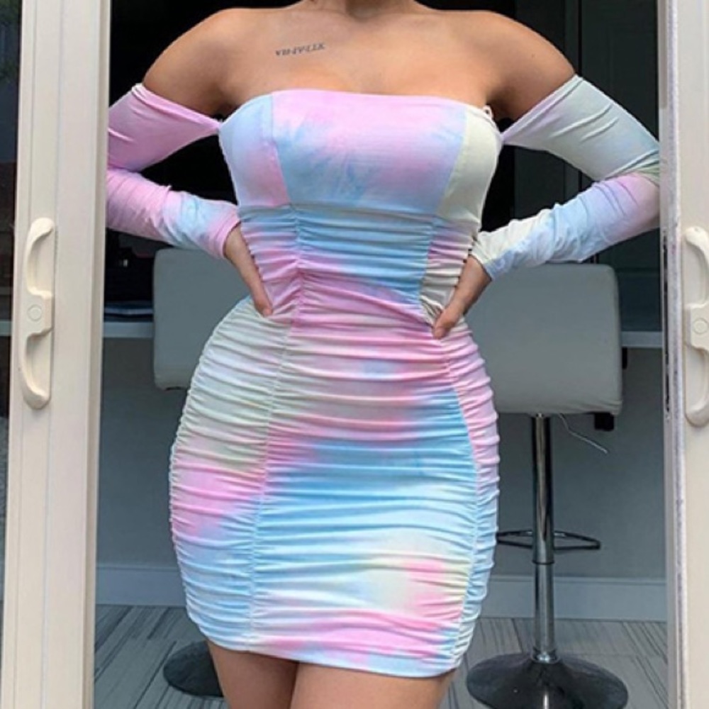 Cotton Candy Rainbow Long-sleeved Halter Dress